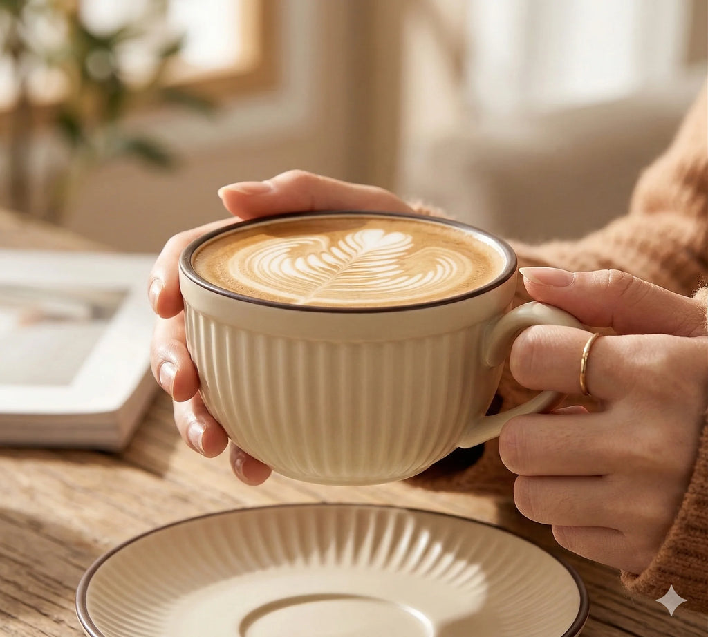 Ceramic Latte Cup and Saucer Set, Ribbed Design, 300 ml
