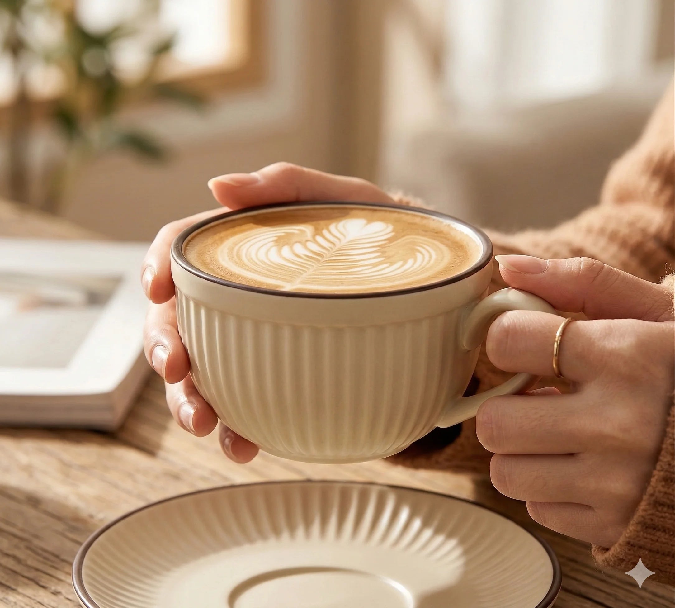 Ceramic Latte Cup and Saucer Set, Ribbed Design, 300 ml