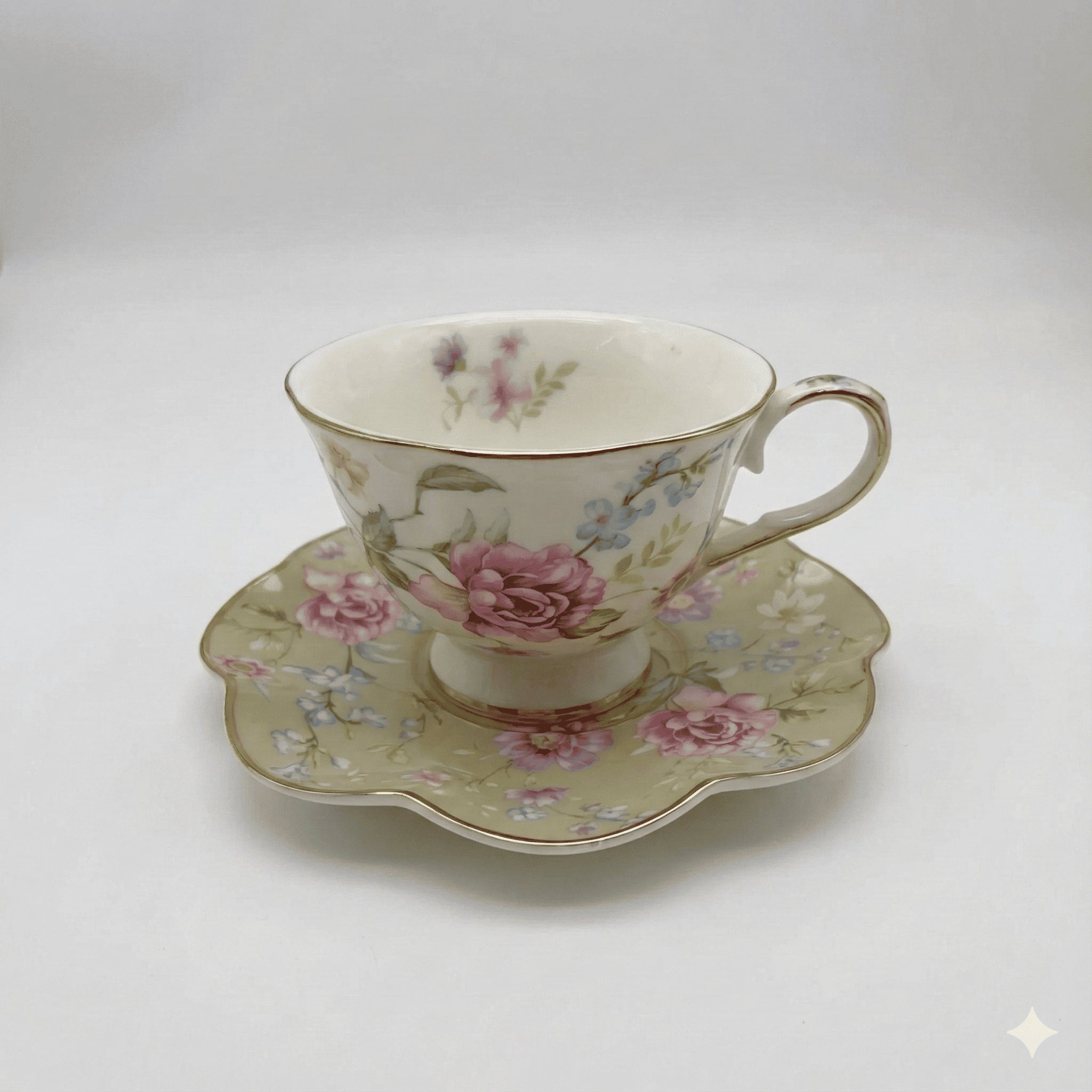 Floral Ceramic Espresso Cups and Saucers Set of 6, Gold Rim, 90 ml