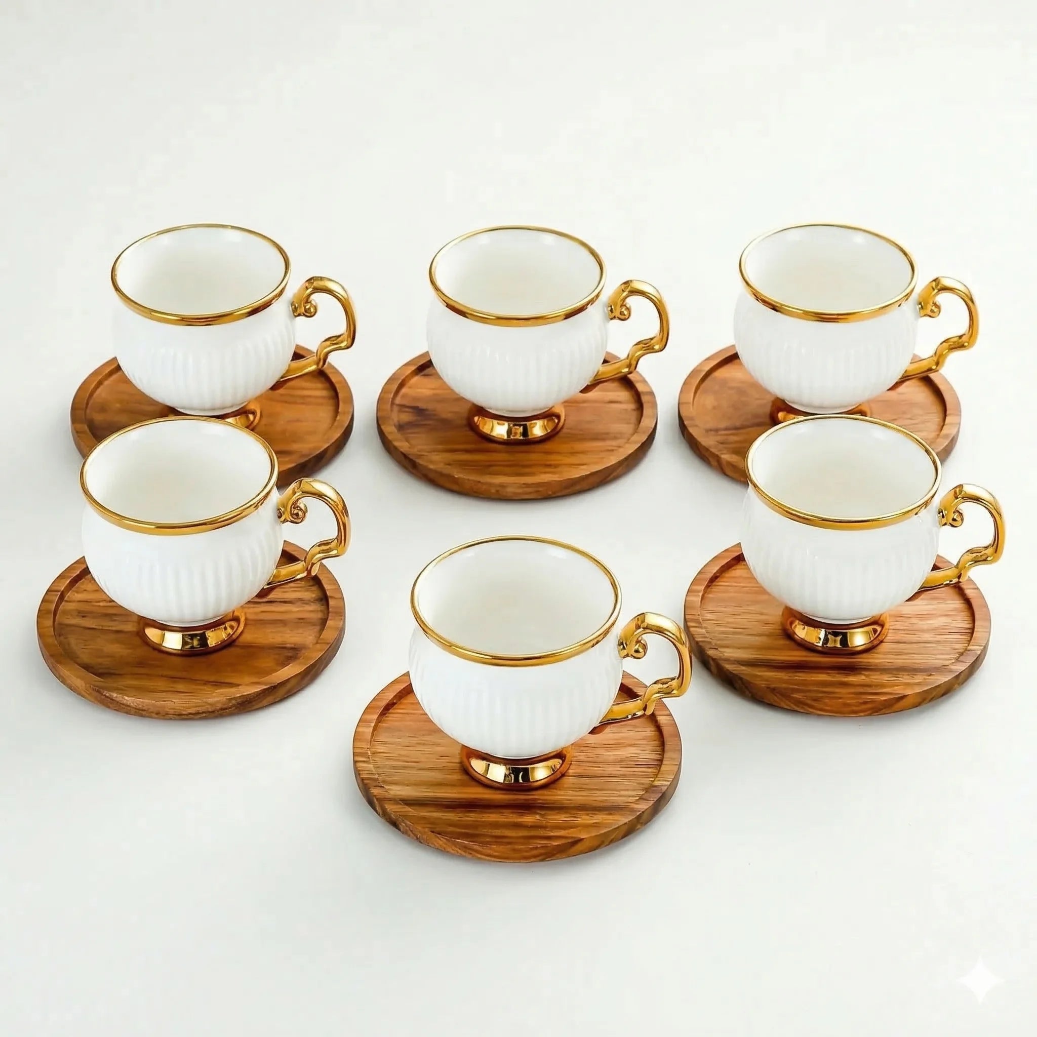 Ceramic Espresso Cups with Wooden Saucers Set of 6, 100 ml in White
