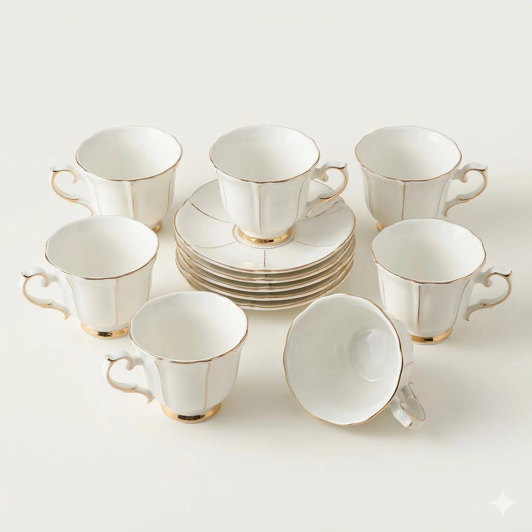 Bone China Tea Cups and Saucers Set of 6, On-Glazed, 200 ml in White