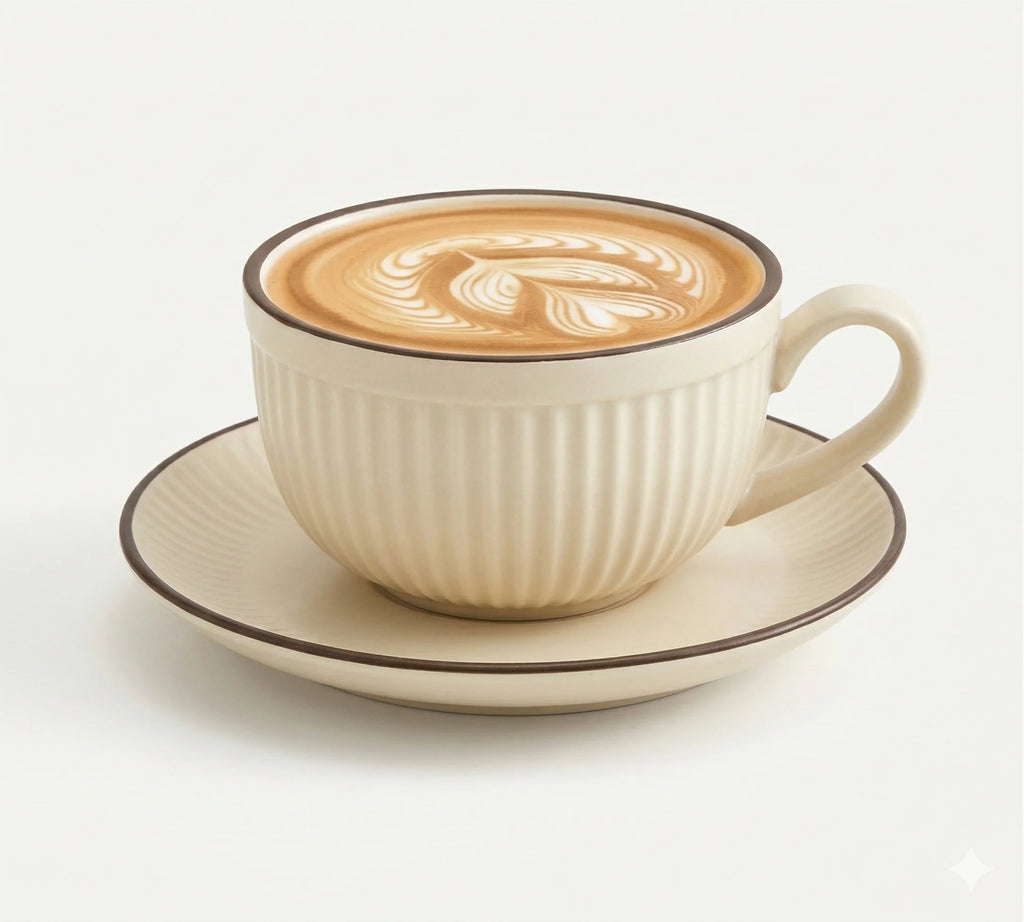 Ceramic Latte Cup and Saucer Set, Ribbed Design, 300 ml in Beige
