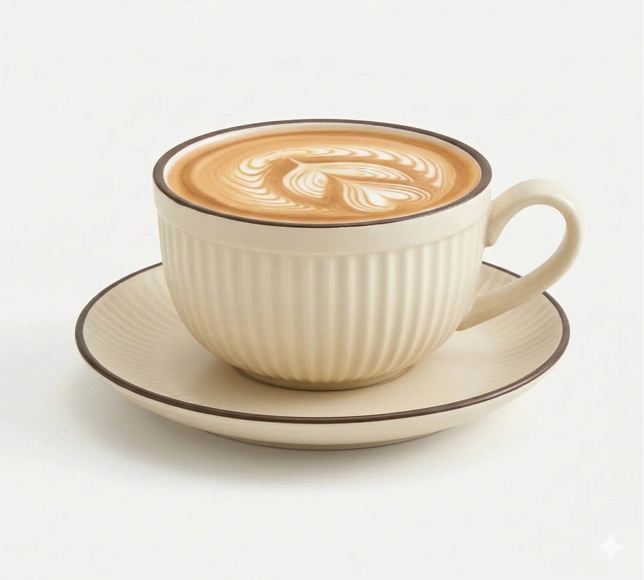 Ceramic Latte Cup and Saucer Set, Ribbed Design, 300 ml in Beige