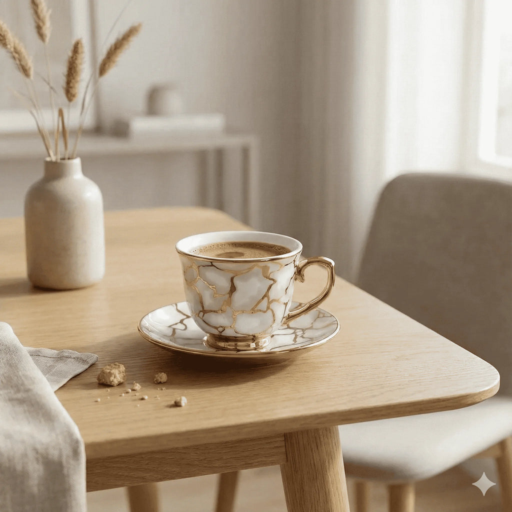 Ceramic Espresso Cups and Saucers Set of 6, Gold Detail, 100 ml, view 4