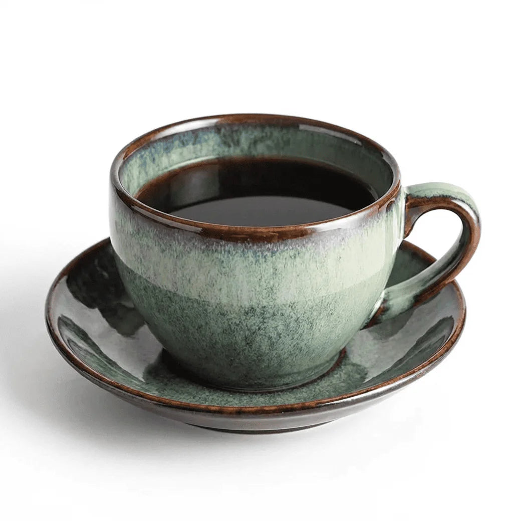 Ceramic Coffee Cup and Saucer, Glazed Finish, 300 ml in Green