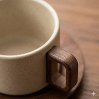 Porcelain Coffee Cup and Saucer Set with Wooden Handle