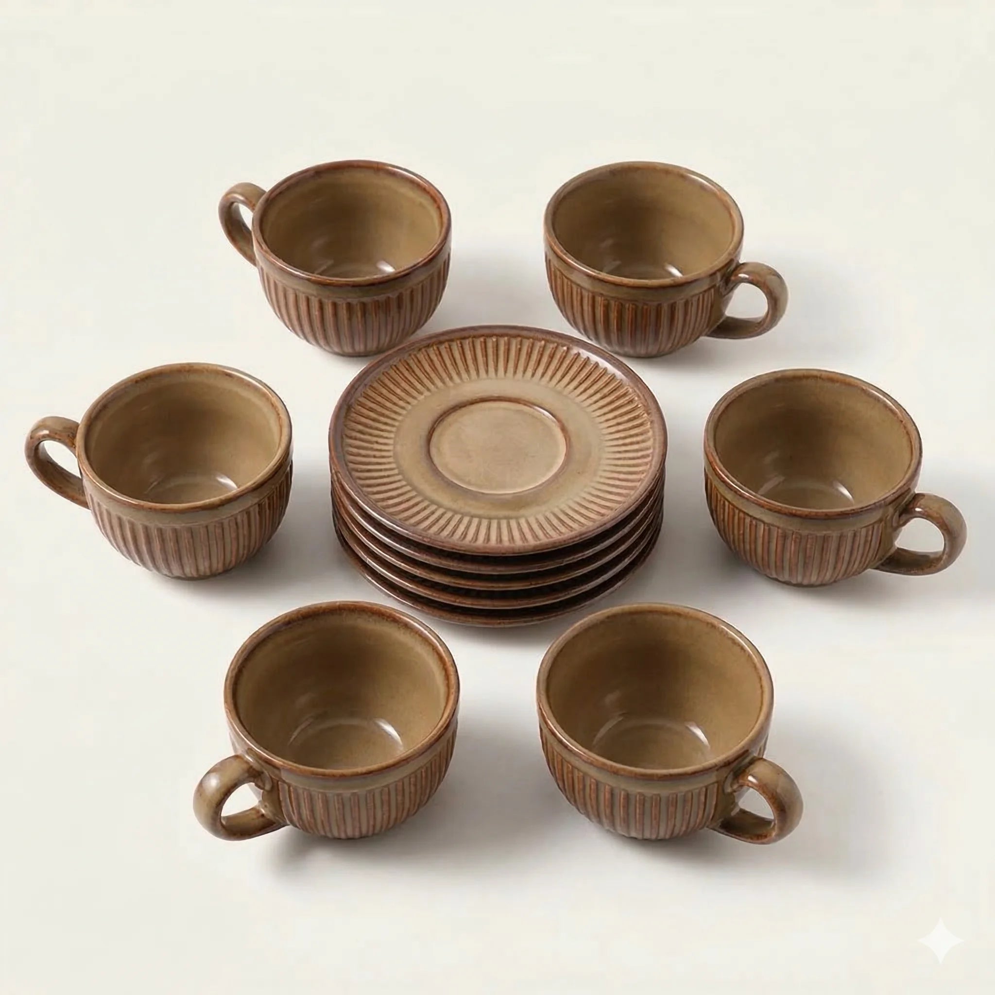 Ceramic Espresso Cups and Saucers Set of 6, Vintage Stripe in Khaki