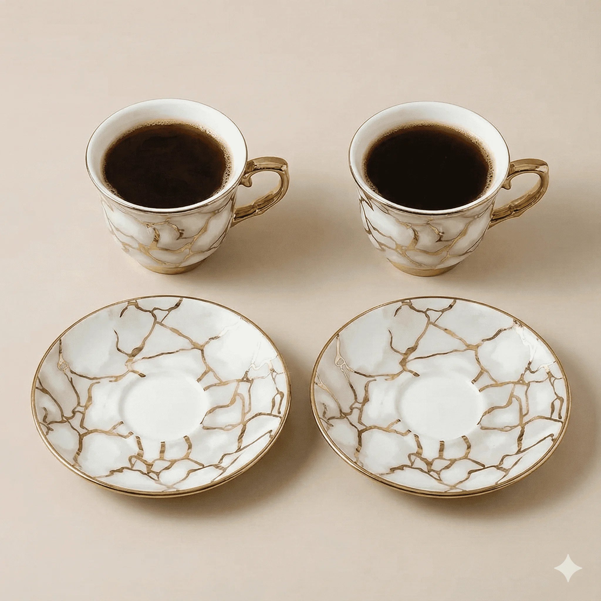 Ceramic Espresso Cups and Saucers Set of 6, Gold Detail, 100 ml, view 5