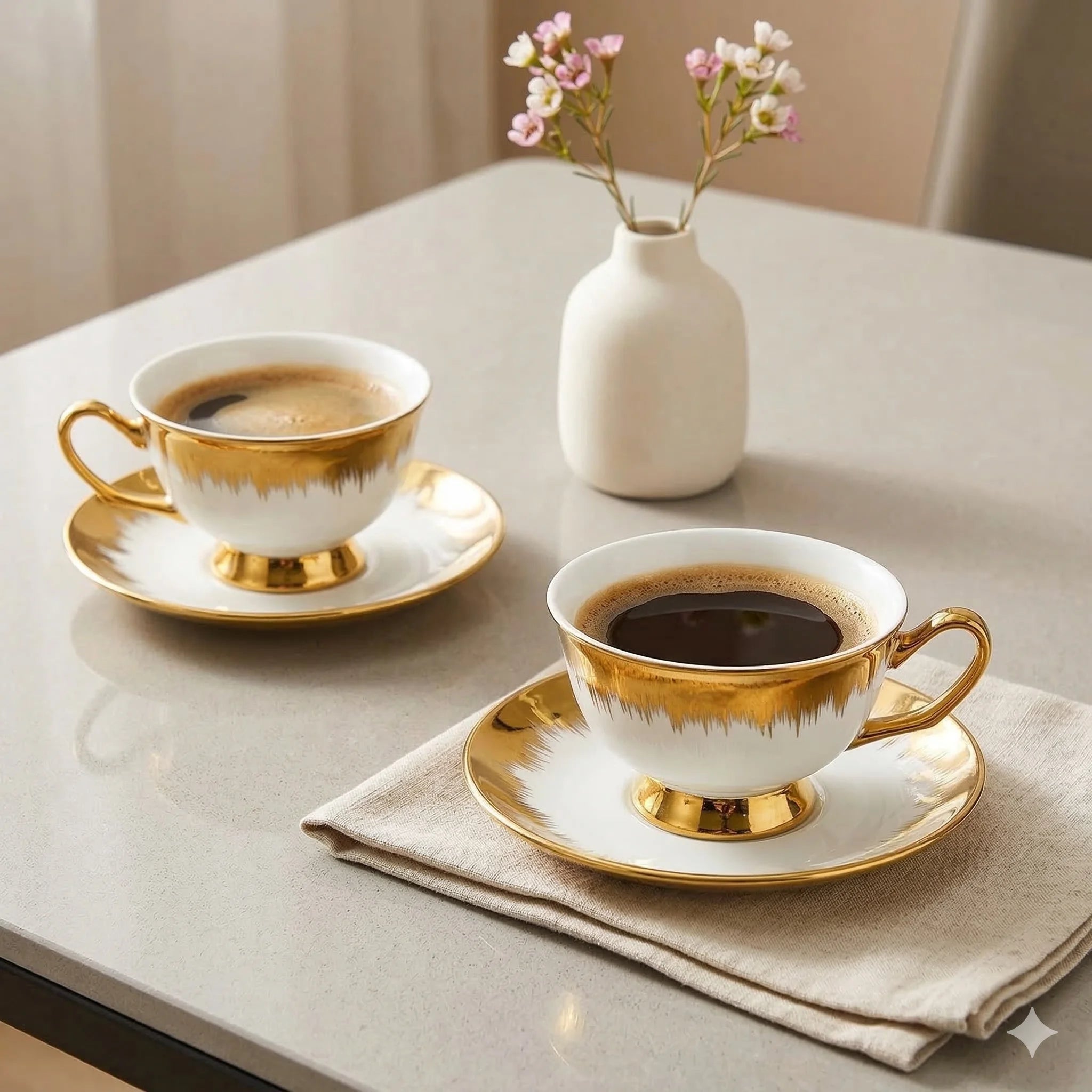 Porcelain Coffee Cups and Saucers Set of 6, Gold Accents, 200 ml, view 5