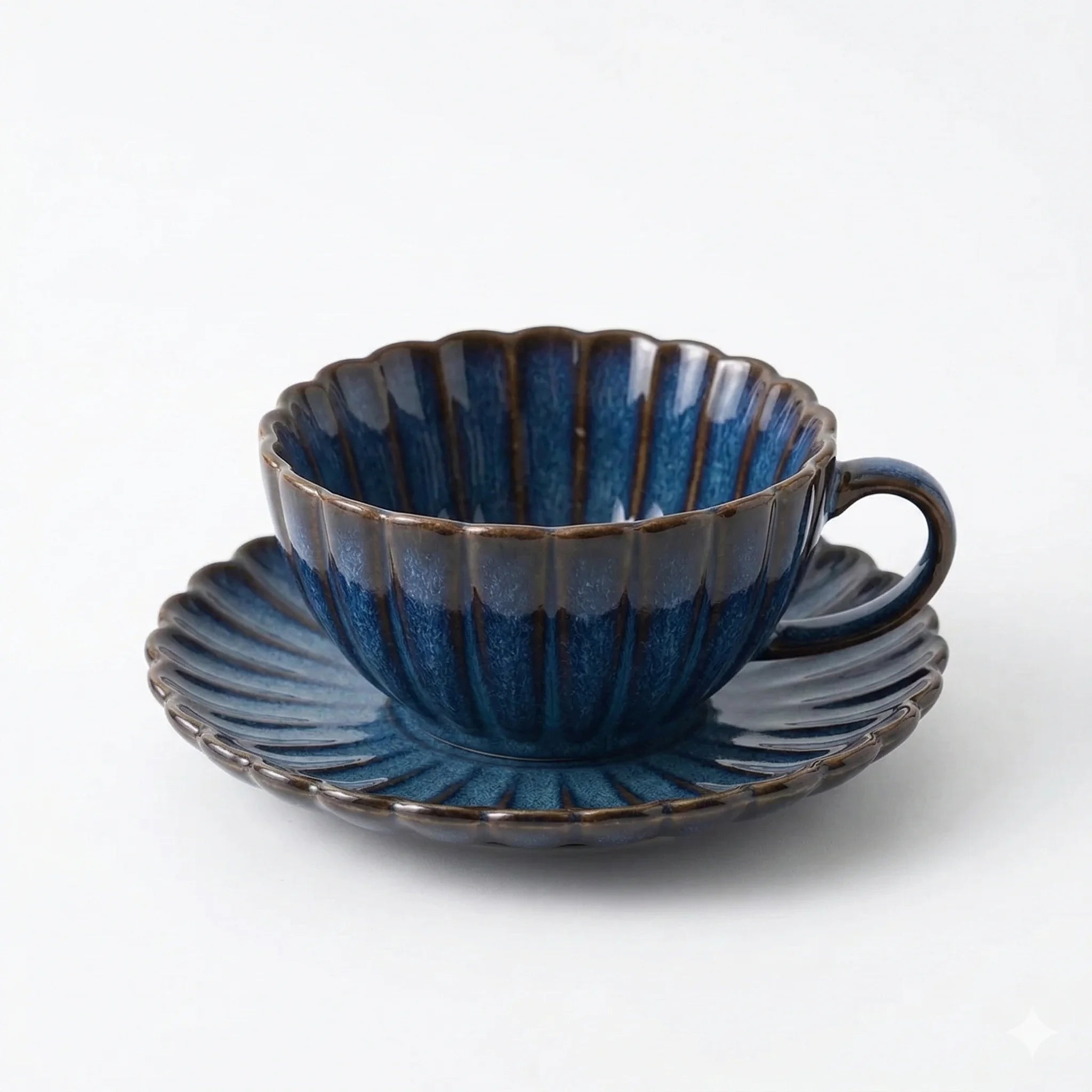 Ceramic Tea Cup and Saucer Set, Modern Wide Design in Blue