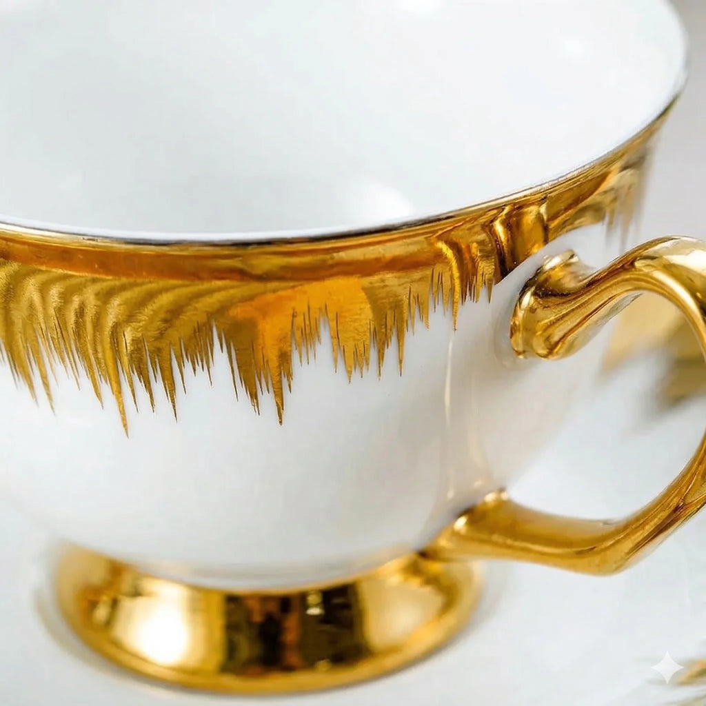 Porcelain Coffee Cups and Saucers Set of 6, Gold Accents, 200 ml, view 3