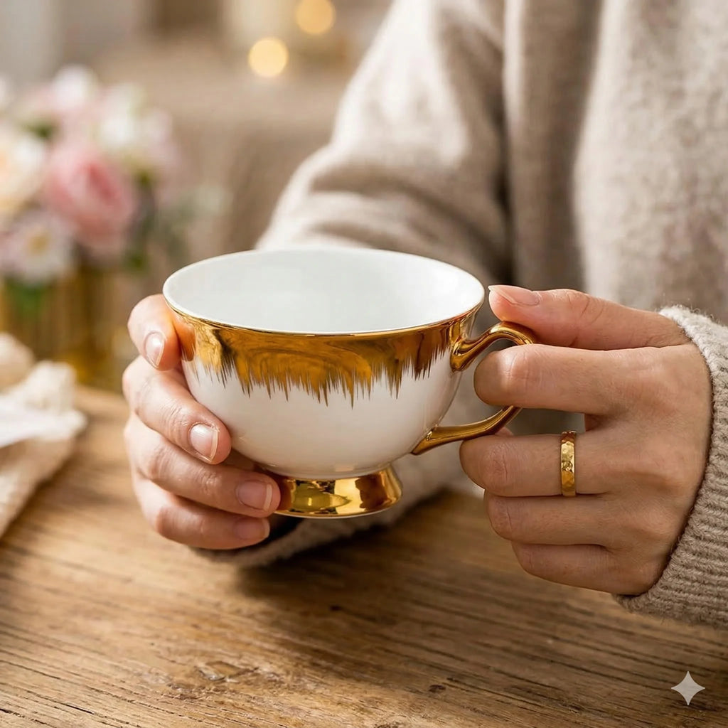 Porcelain Coffee Cups and Saucers Set of 6, Gold Accents, 200 ml