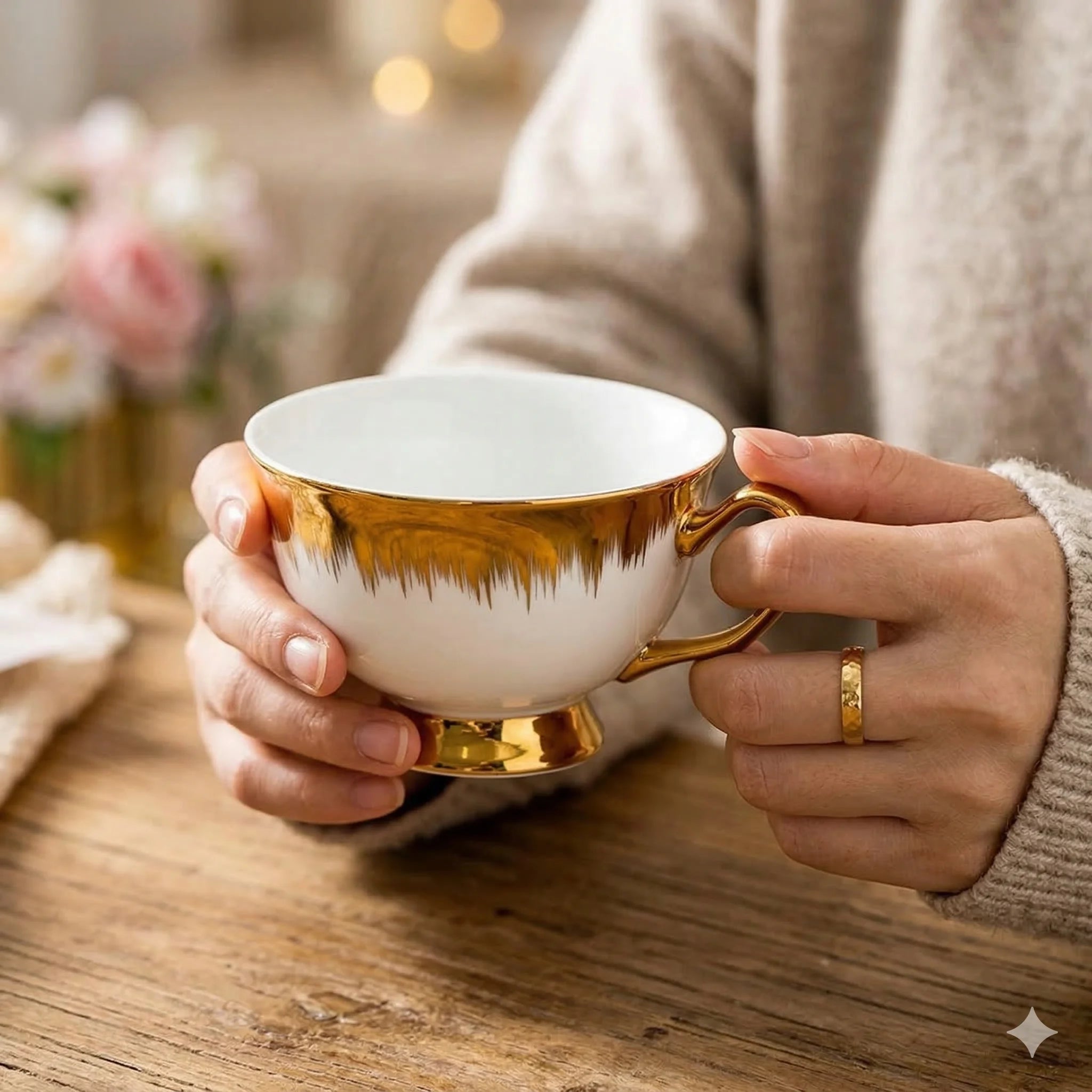 Porcelain Coffee Cups and Saucers Set of 6, Gold Accents, 200 ml