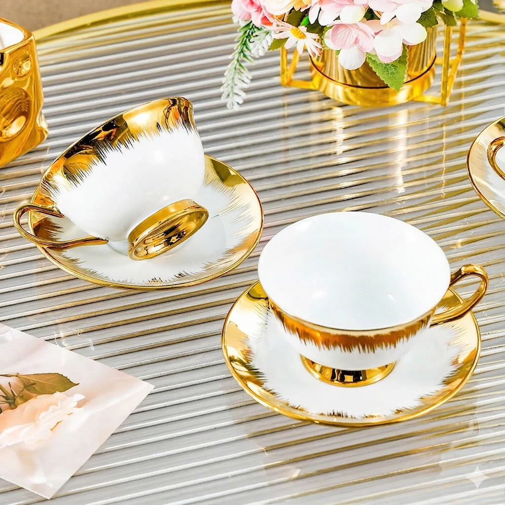 Porcelain Coffee Cups and Saucers Set of 6, Gold Accents, 200 ml, view 2