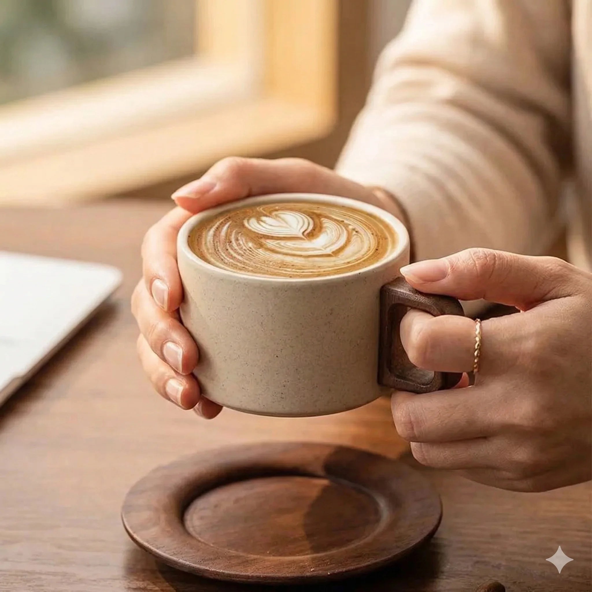 Porcelain Coffee Cup and Saucer Set with Wooden Handle