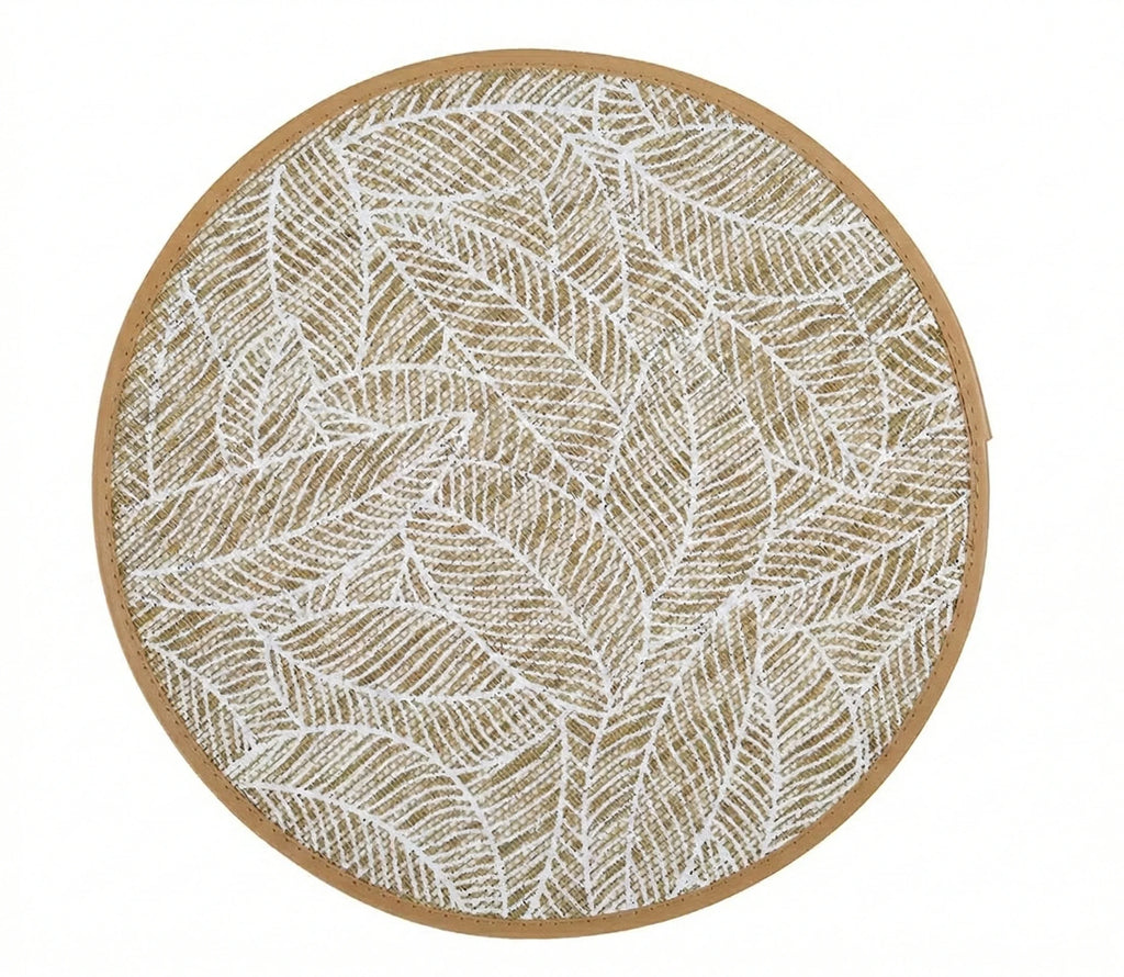 Round Linen Table Mats, Bohemian Leaf Print, Set of 6 in White