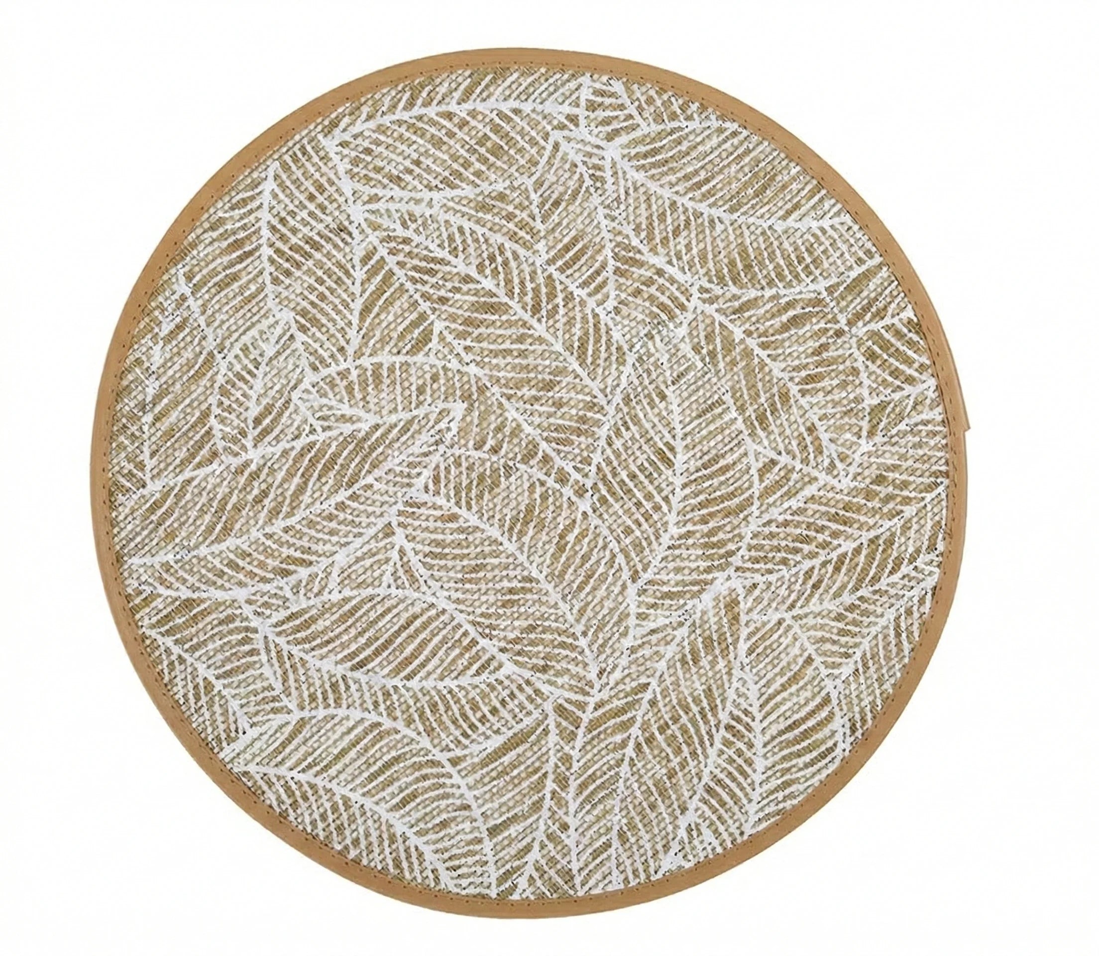Round Linen Table Mats, Bohemian Leaf Print, Set of 6 in White