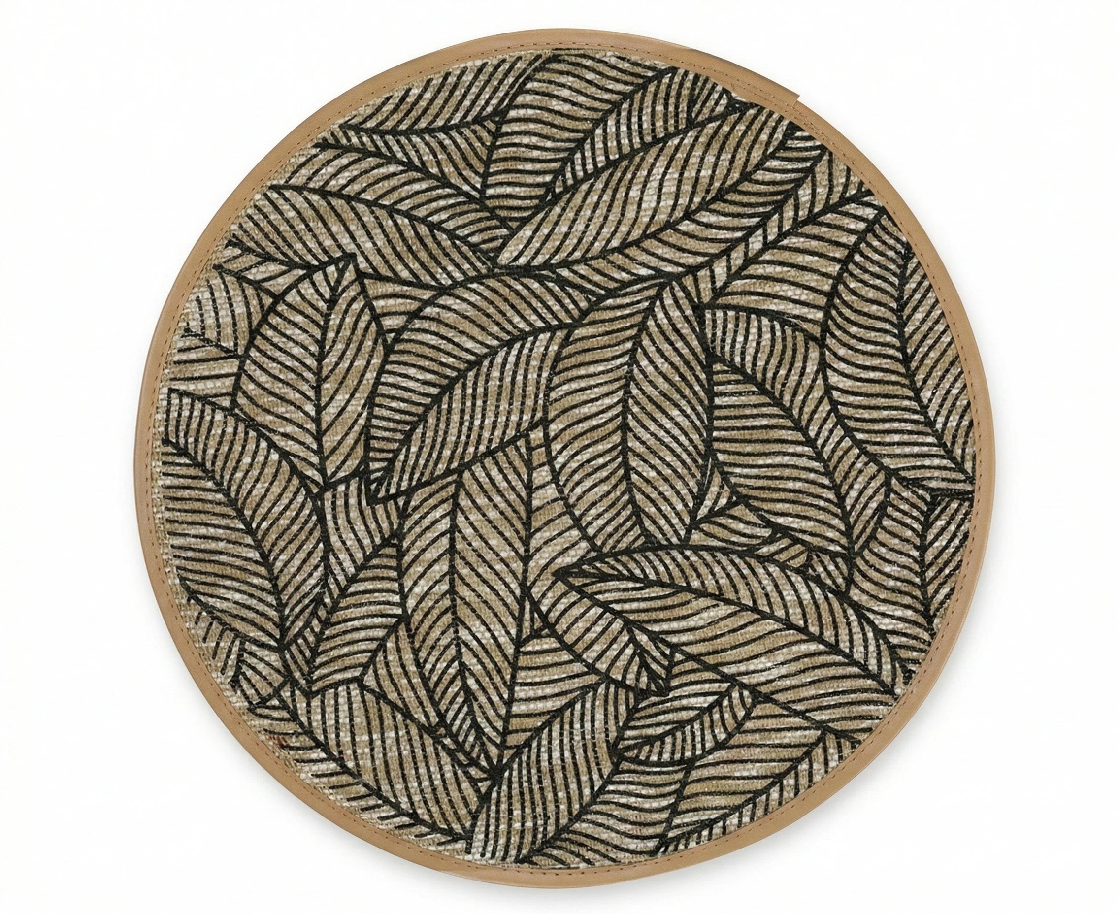 Round Linen Table Mats, Bohemian Leaf Print, Set of 6 in Black