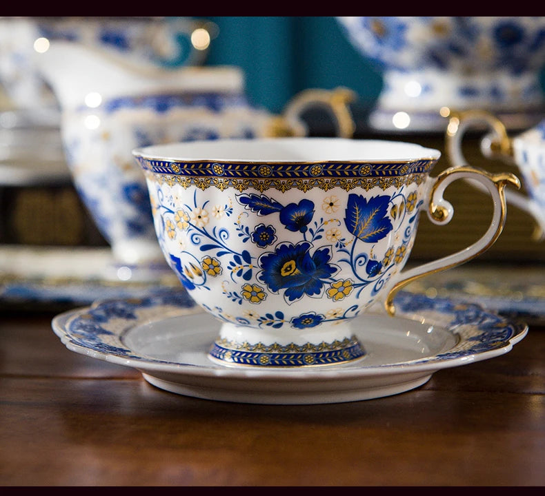 Bone China Coffee Cup and Saucer Italian Blue Floral Gold, view 2