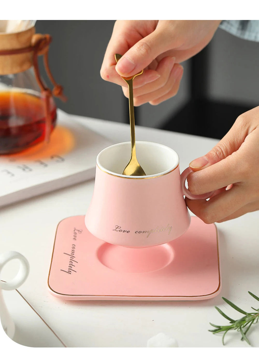 Ceramic Coffee Cup with Square Saucer and Gold Spoon Set, view 11