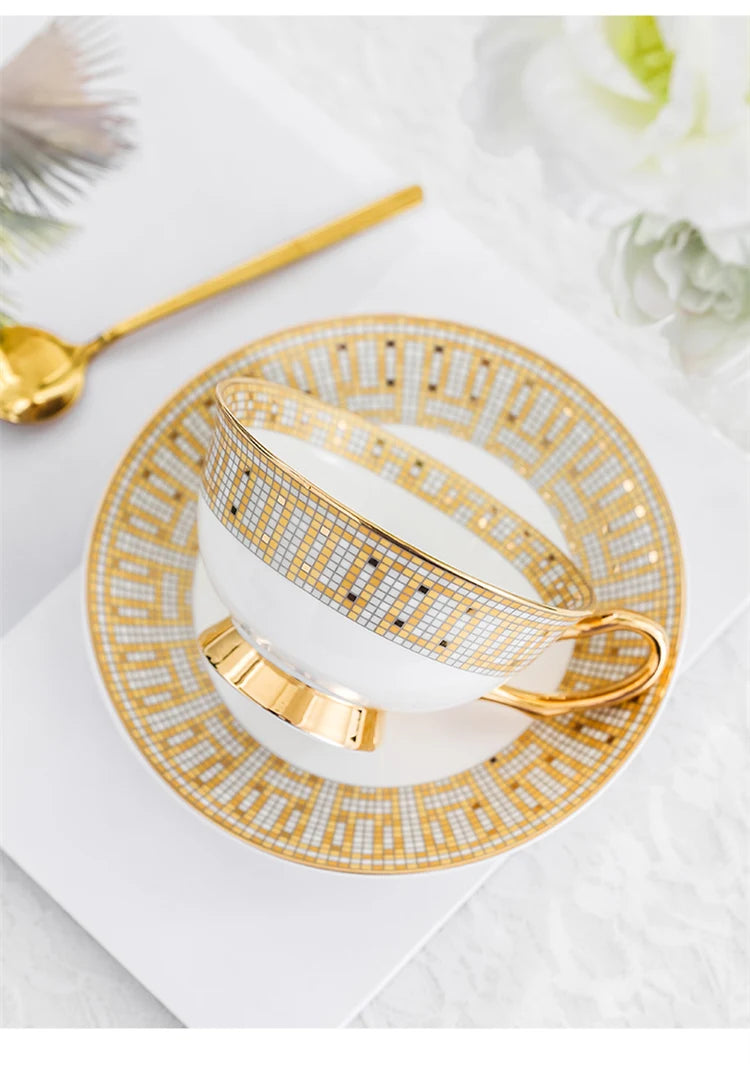 Bone China Tea Cup and Saucer 200 ml Gold Mosaic Royal Style, view 2