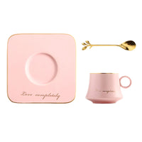 Ceramic Coffee Cup with Square Saucer and Gold Spoon Set