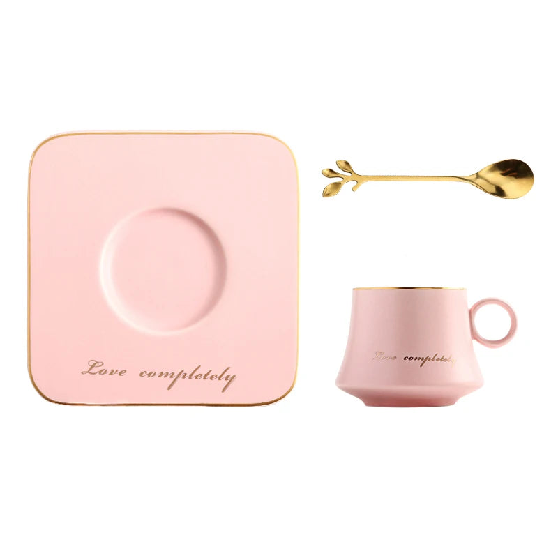 Ceramic Coffee Cup with Square Saucer and Gold Spoon Set in Pink