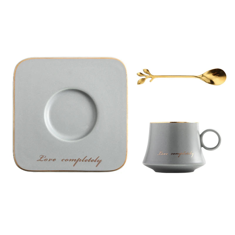 Ceramic Coffee Cup with Square Saucer and Gold Spoon Set in Grey
