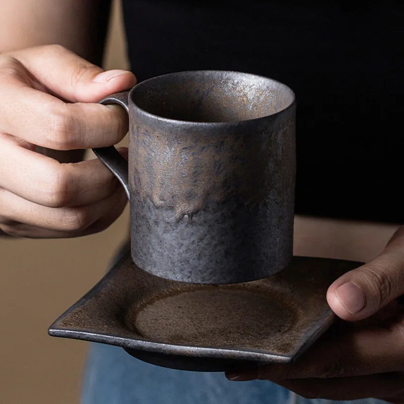 Handmade Stoneware Coffee Cup with Tray Japanese Style, view 2