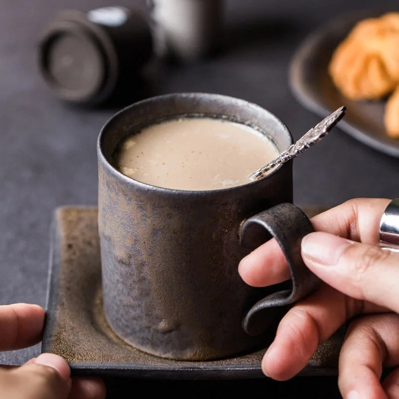 Handmade Stoneware Coffee Cup with Tray Japanese Style, view 3