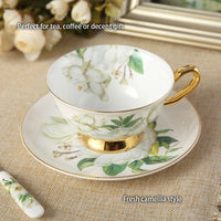 Bone China Tea Cup and Saucer Camellia Print Gold Handle