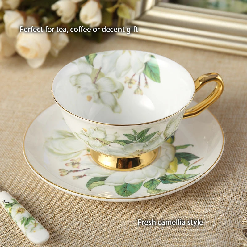 Bone China Tea Cup and Saucer Camellia Print Gold Handle, view 3