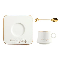 Ceramic Coffee Cup with Square Saucer and Gold Spoon Set