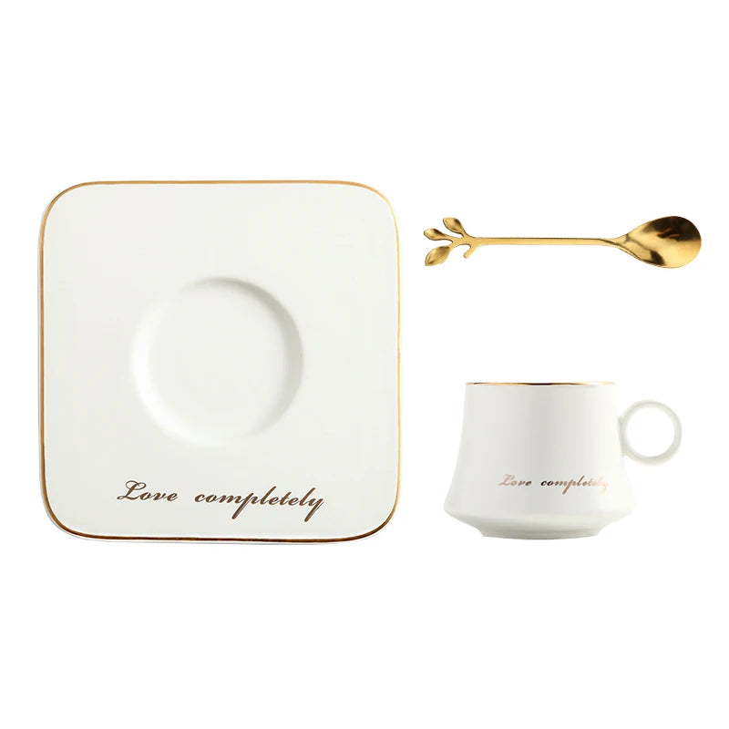 Ceramic Coffee Cup with Square Saucer and Gold Spoon Set in White