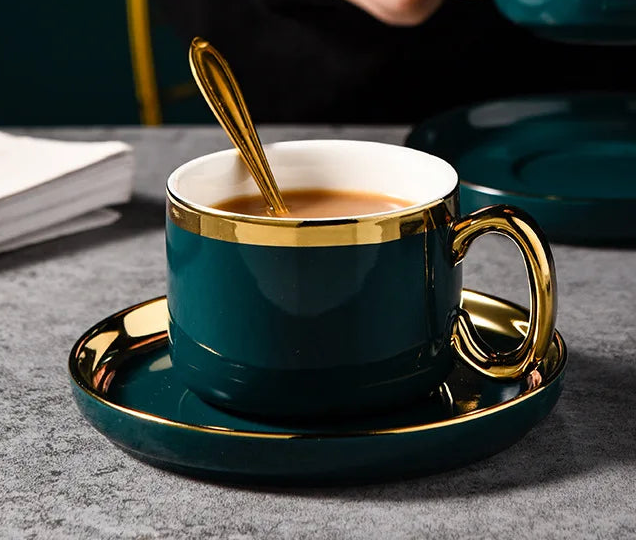 Ceramic Coffee Cup and Saucer 200 ml Emerald Green Gold Rim, view 4