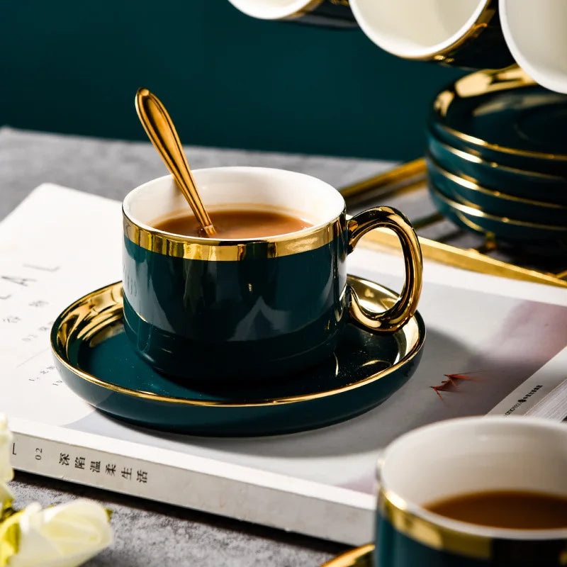 Ceramic Coffee Cup and Saucer 200 ml Emerald Green Gold Rim, view 7