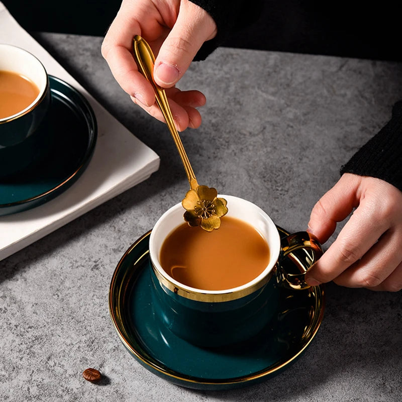 Ceramic Coffee Cup and Saucer 200 ml Emerald Green Gold Rim, view 3