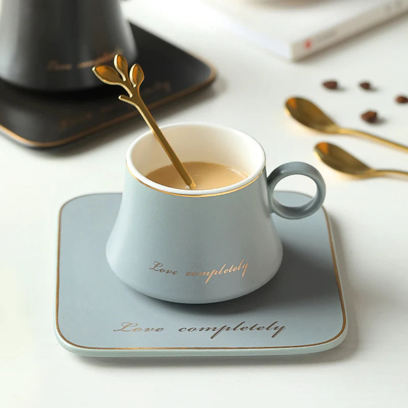 Ceramic Coffee Cup with Square Saucer and Gold Spoon Set, view 9