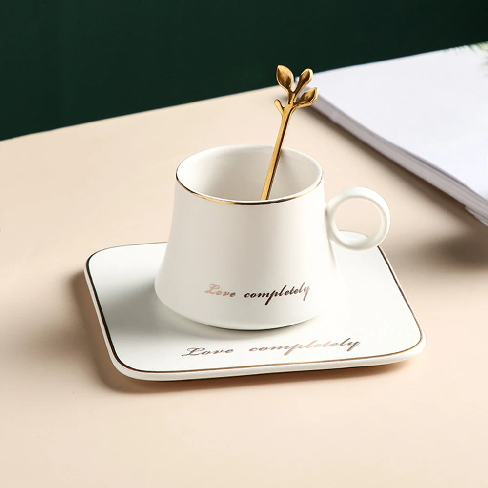 Ceramic Coffee Cup with Square Saucer and Gold Spoon Set, view 6
