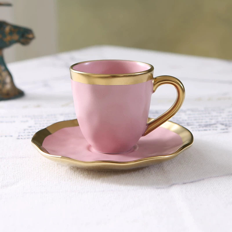 Small Ceramic Coffee Cup and Plate Set Gold Rim Italian Style in Pink