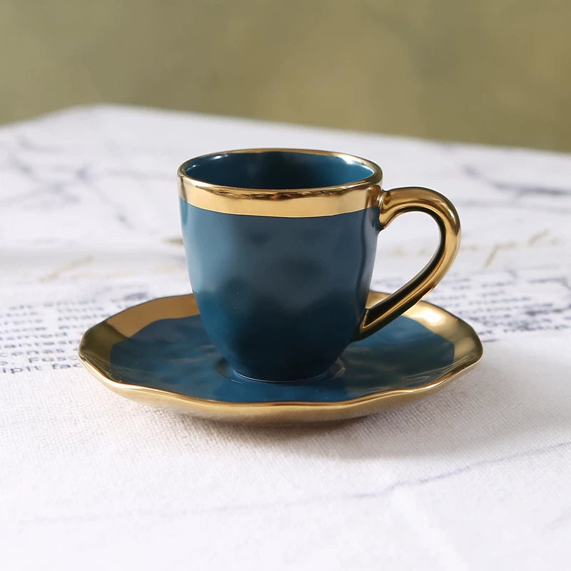 Small Ceramic Coffee Cup and Plate Set Gold Rim Italian Style, view 14