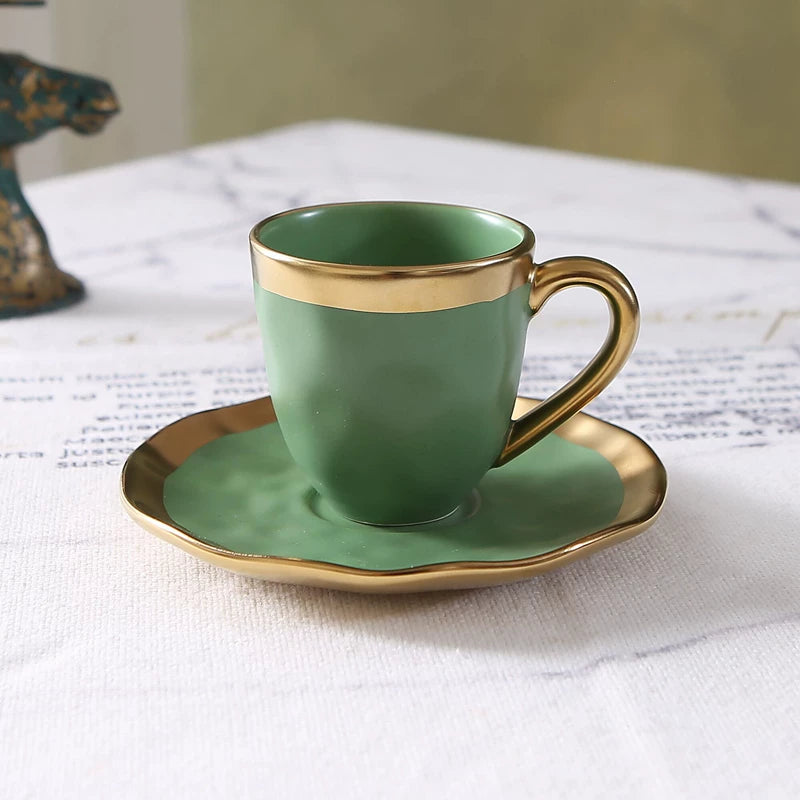 Small Ceramic Coffee Cup and Plate Set Gold Rim Italian Style, view 7