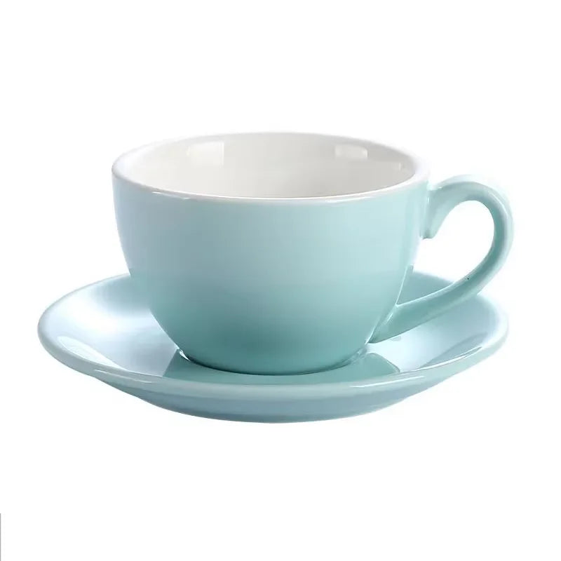 Porcelain Latte Cup and Saucer Set, Wide Rim for Latte Art in Light Blue