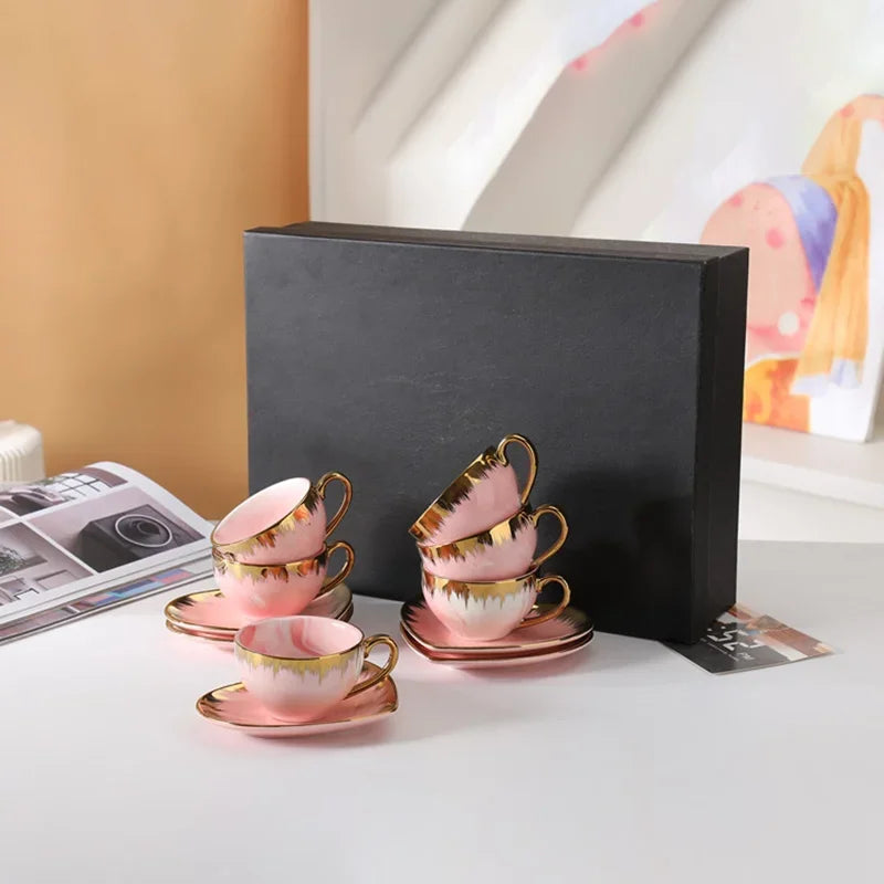 Golden Porcelain Coffee Cup and Saucer Set 6pcs