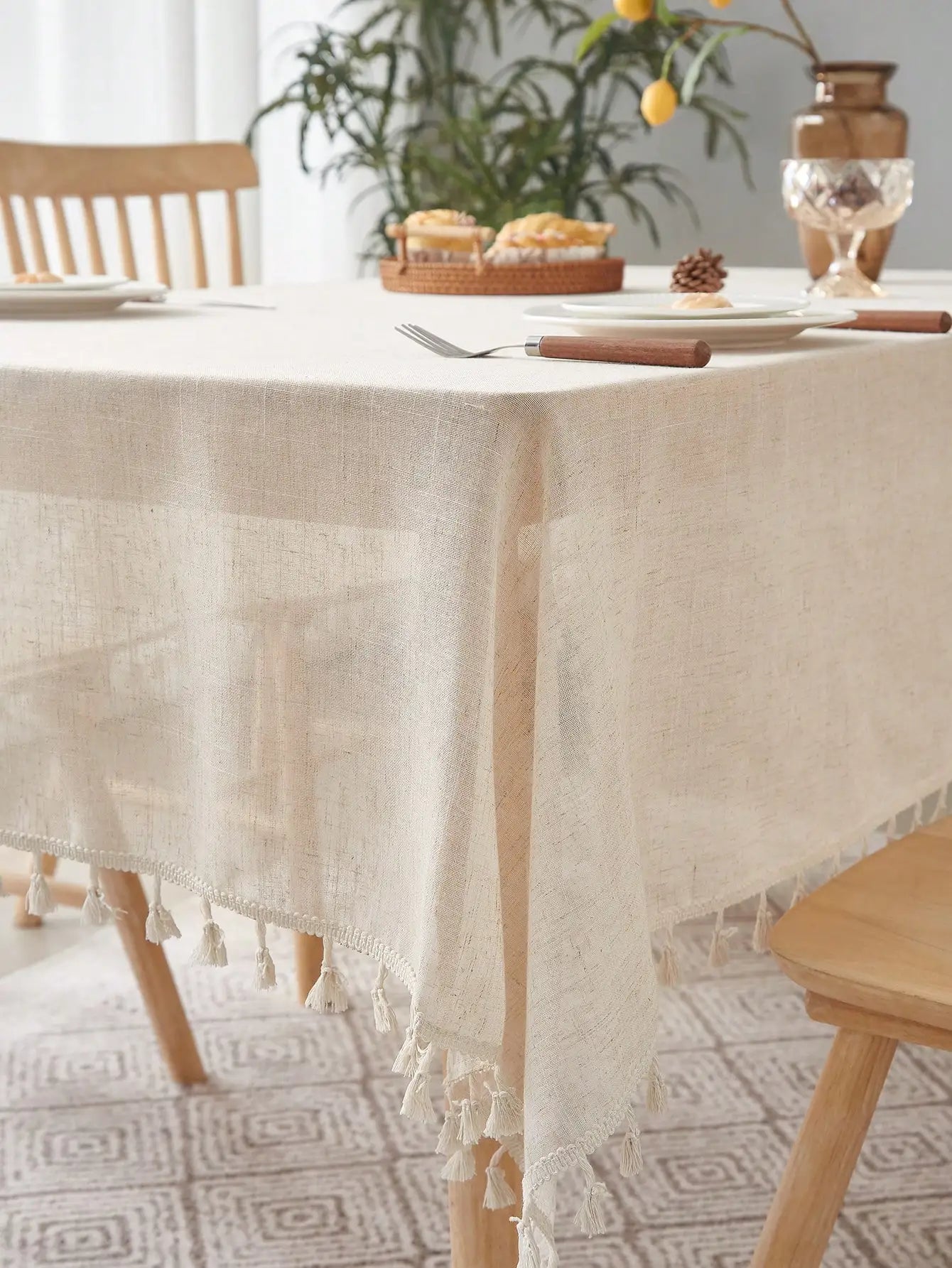 Beige Linen Square Tablecloth - Vintage Country Style
