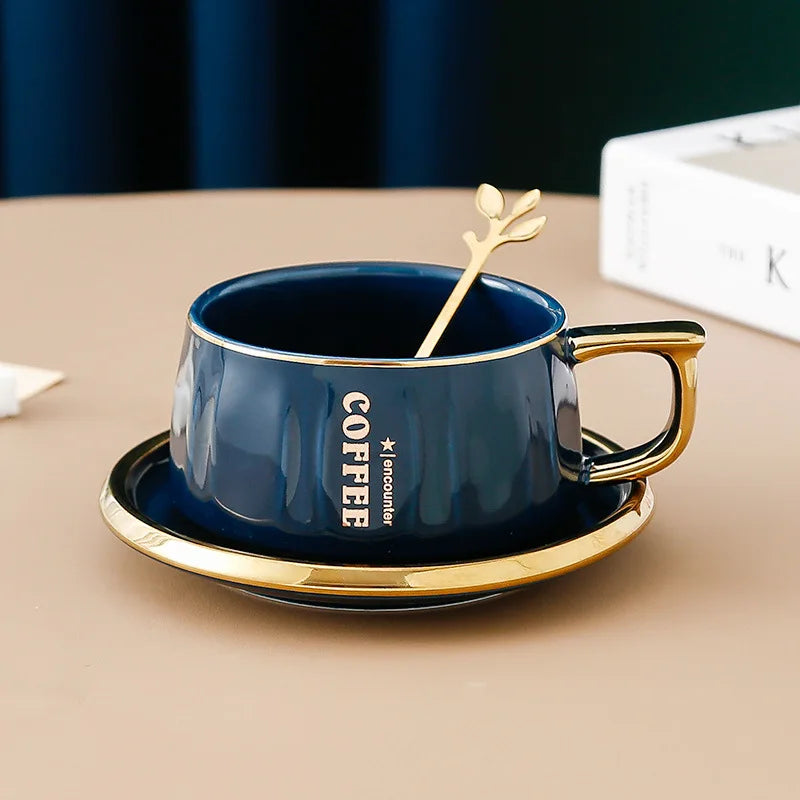 Ceramic Coffee Cup and Saucer with Gold Spoon Modern Set, view 9