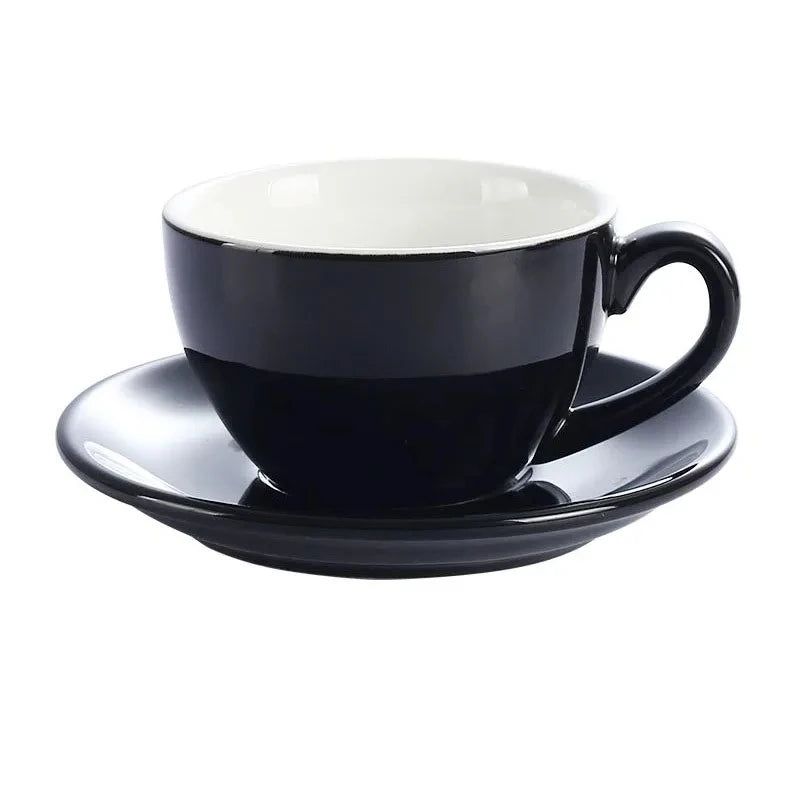 Porcelain Latte Cup and Saucer Set, Wide Rim for Latte Art in Black