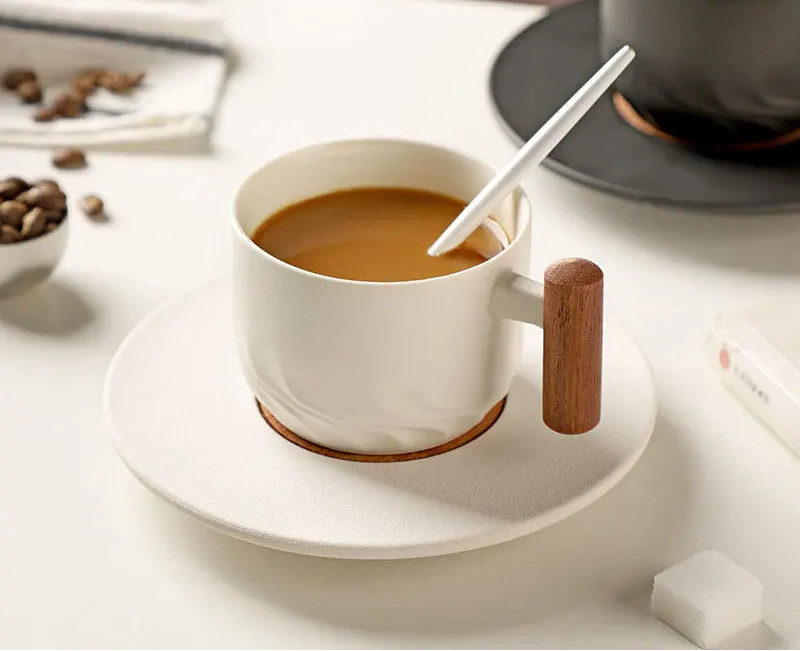 Ceramic Espresso Cup and Saucer 130 ml Wooden Handle, view 6
