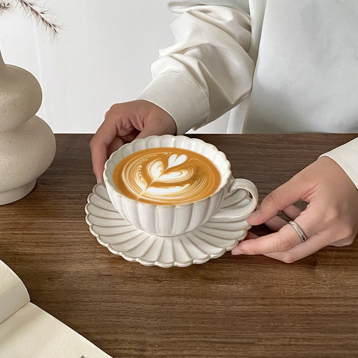 Ceramic Tea Cup and Saucer Set, Modern Wide Design, view 6