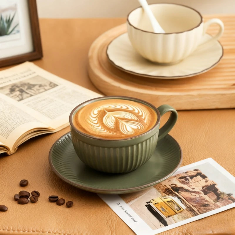 Ceramic Latte Cup and Saucer Set, Ribbed Design, 300 ml, view 7